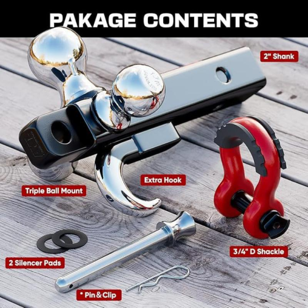 AYLEID Heavy Duty 2-Inch Adjustable Hitch Receiver - All-in-One Off-Road Towing Kit with Triple Ball, Extra Hook & 360° Rotating Rescue D-Shackle